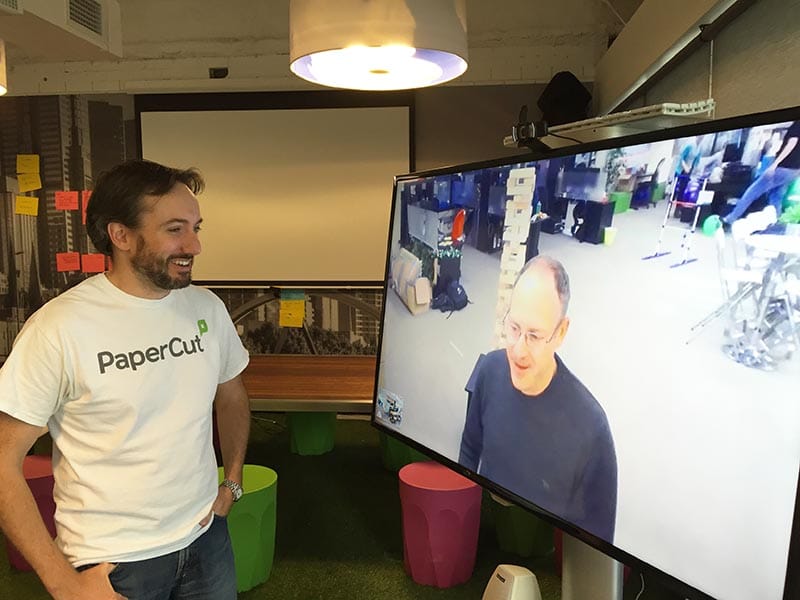 Matt, CTO (left) in our current Hawthorn office, talking to Chris, CEO in Portland USA over their innovative automatic portal, developed so the worldwide teams can see into each other’s offices.
