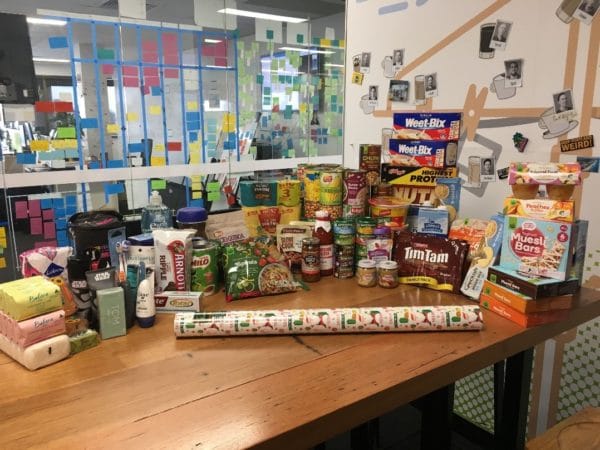 Grocery items donated by PaperCut team members for Christmas hampers