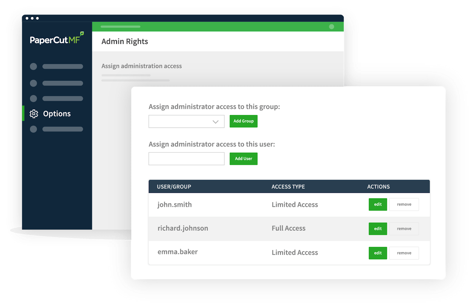 The Admin Rights feature in the PaperCut admin dashboard