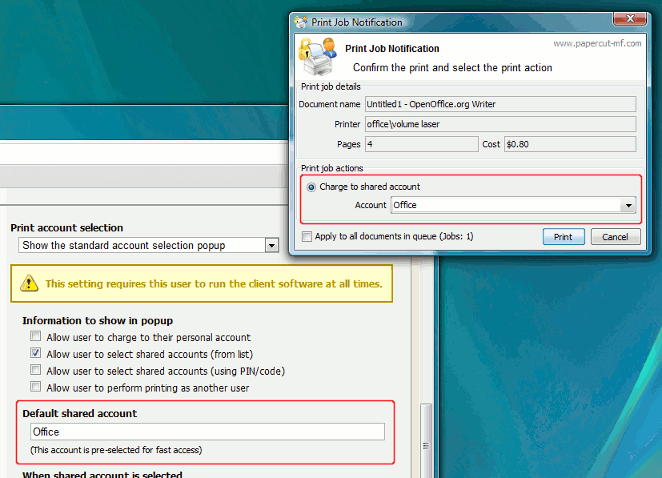 Choosing a default shared account for a user