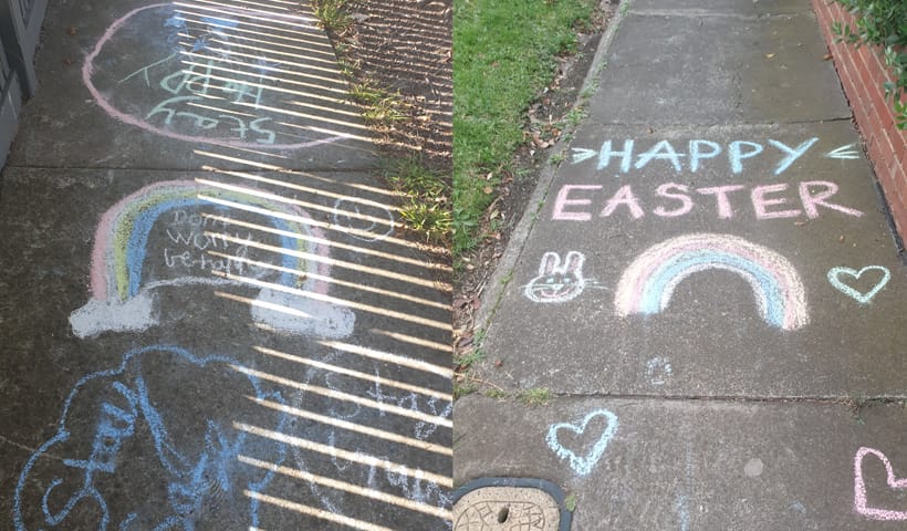 Chalk drawings on the pavement during the COVID-19 lockdown