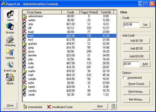 PaperCut software GUI from 2001