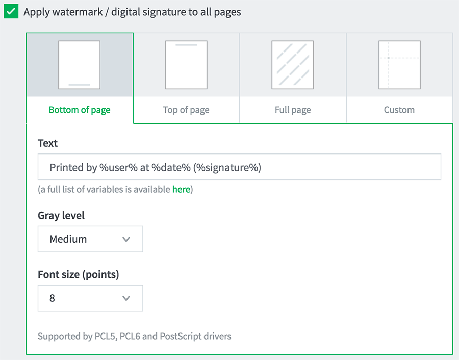 PaperCut watermark options