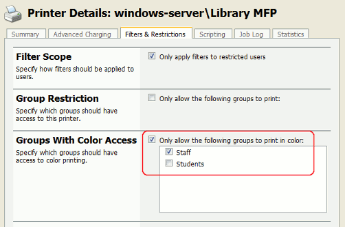 Restrict color printing to a group of users using a printer filter