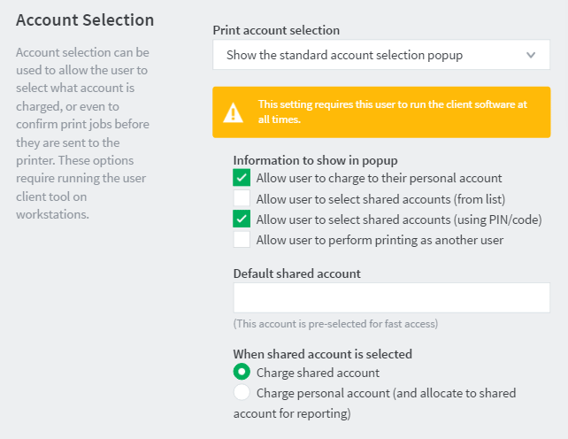 User account selection options