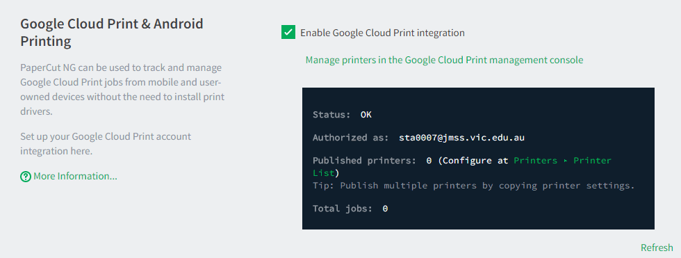 PaperCut\'s Google Cloud Print setup interface