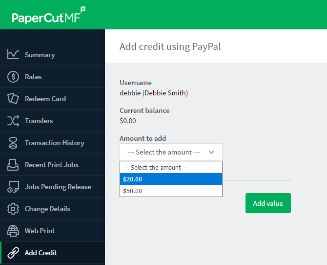 Add Credit User Interface