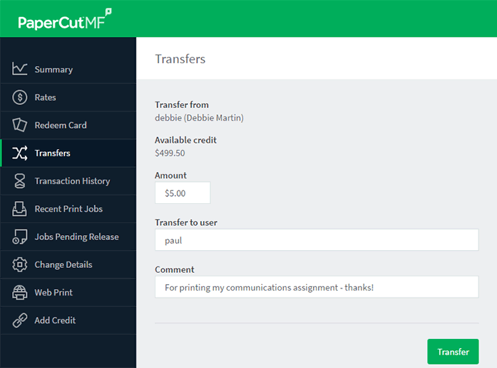 Transfers page - transfer balance to other users