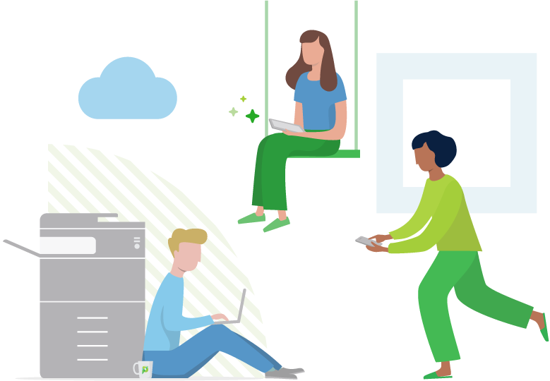 A man with blonde hair and light skin is sitting beside a printer. 
        A woman with black hair and brown skin runs towards him with a mobile phone. Another woman with bronwn hair and light skin is on a green swing above them holding a tablet.