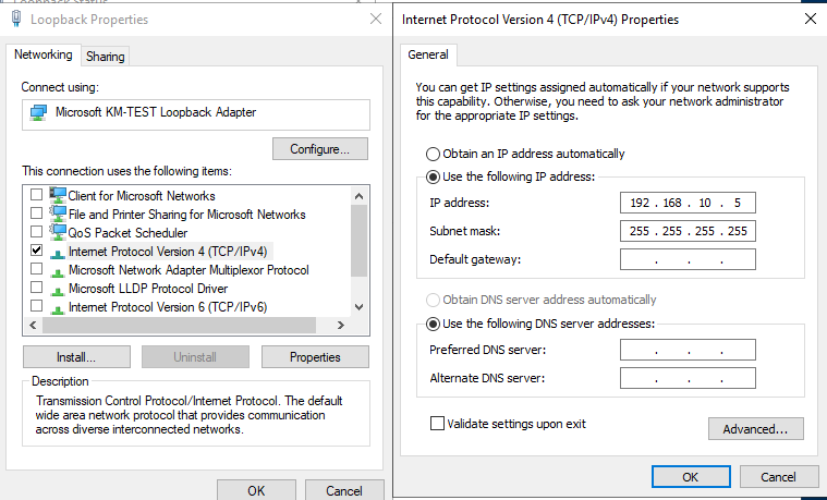 A view of the TPC/IPv4 settings for the loopback adapter showing the loopback has been configured to use the VIP of the NLB endpoint