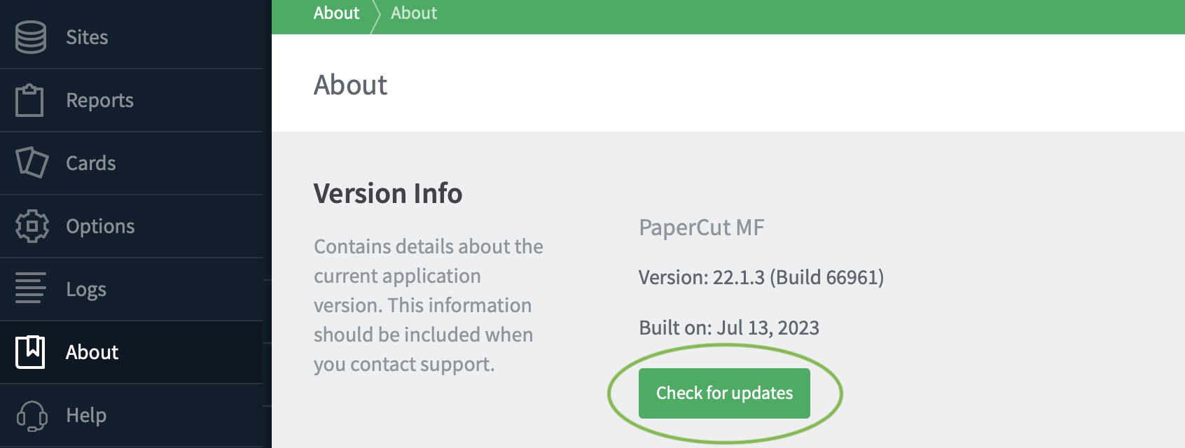 Screenshot of the PaperCut admin interface showing the 'About' tab with the 'Check for updates' button circled