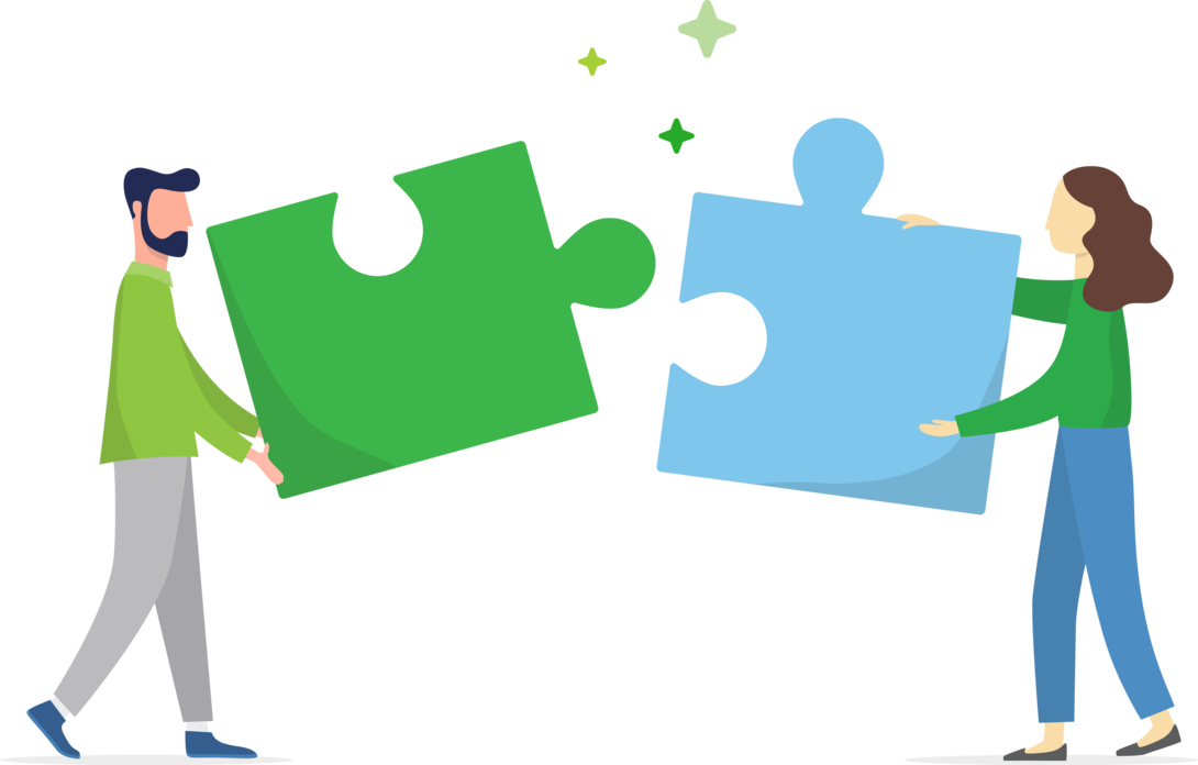 Illustration of two people connecting large puzzle piece