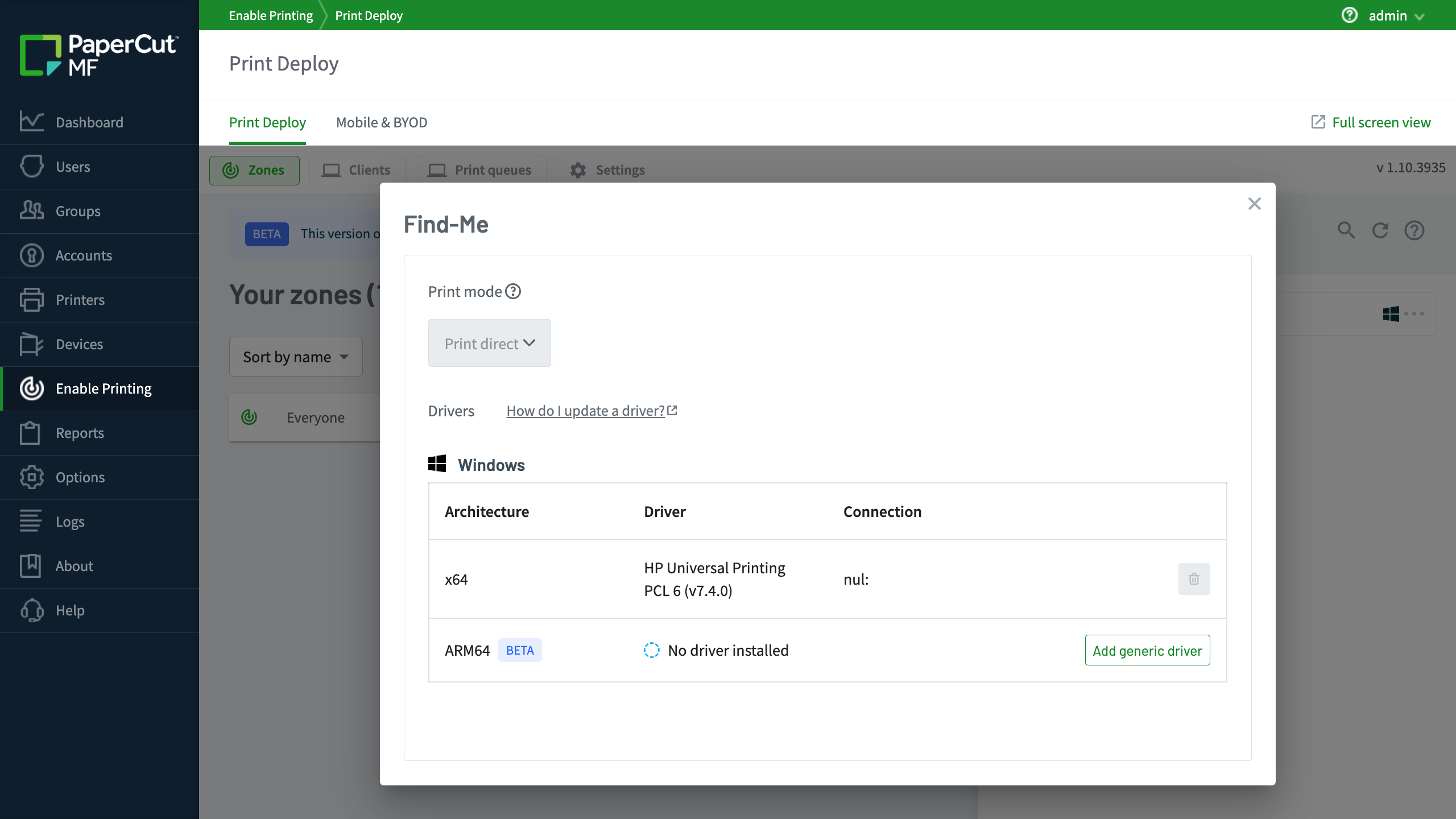 PaperCut MF admin console showing the configuration of a print queue and the three driver options.