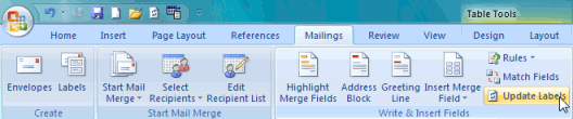 Update labels button in MS Word 2007