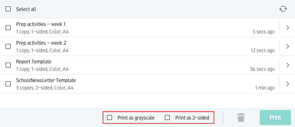 Screenshot of a device screen with options to change the print jobs to grayscale or 2-sided