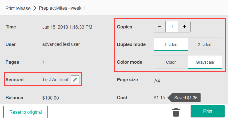 Screenshot of a device screen showing options for changing the properties of an individual print job including duplex mode or color mode.