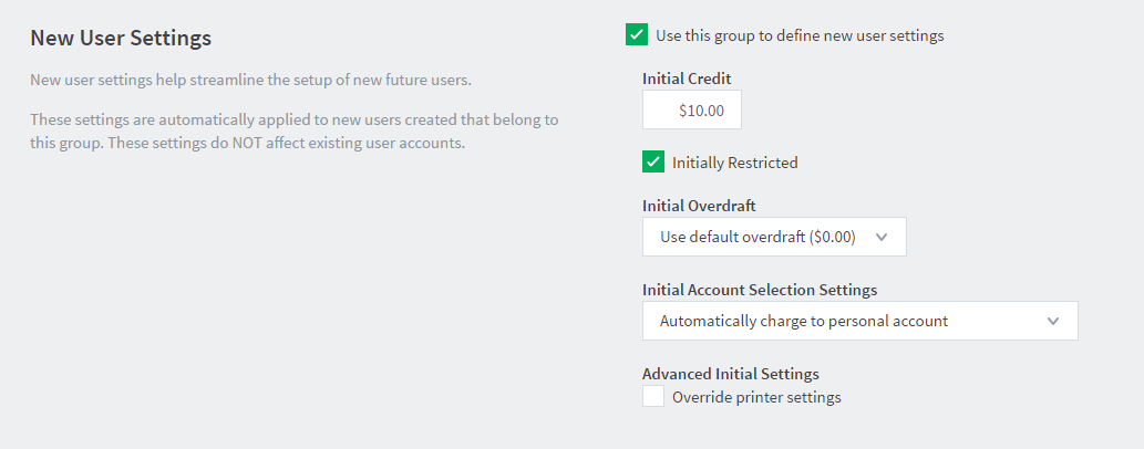 Initial settings applied to new users
