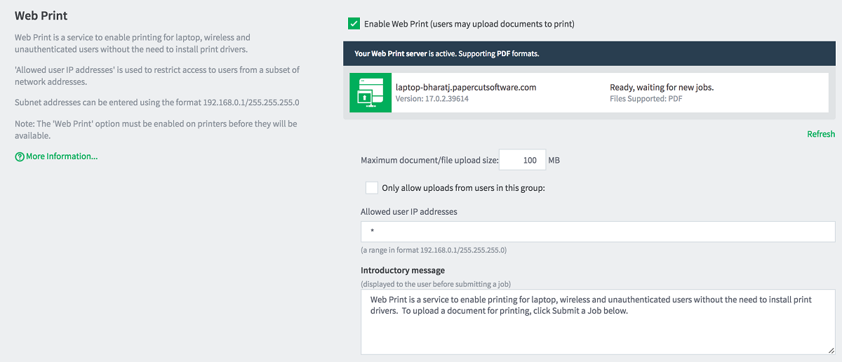 Web Print settings in the admin interface