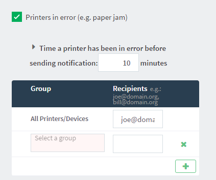 Configuring printer group specific recipients for printer error notifications