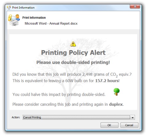 Screenshot of a Printing Policy Alert message advising users to please use double-sided printing.