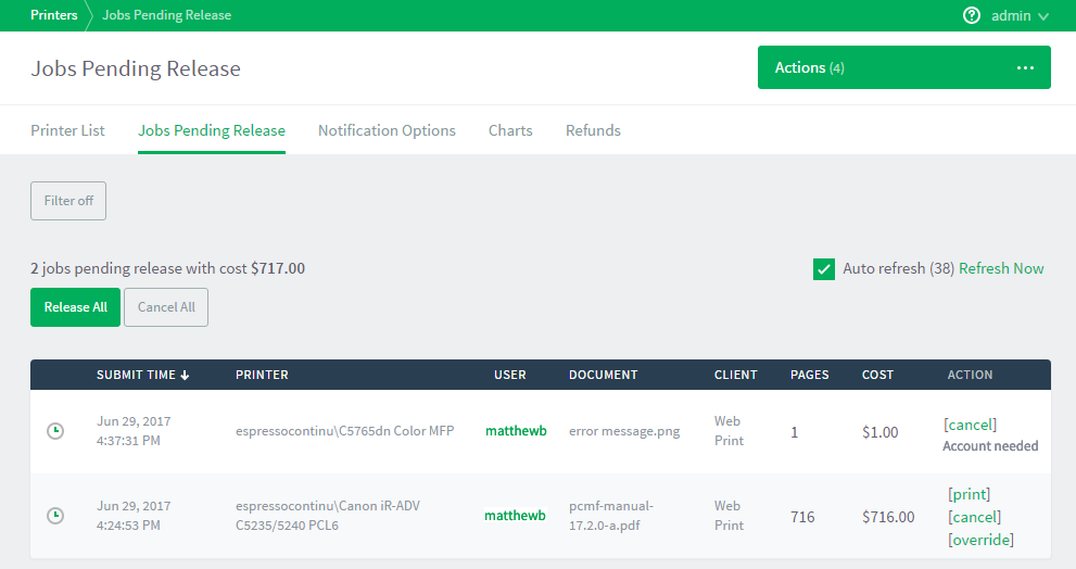 Web based Print Release showing Override option