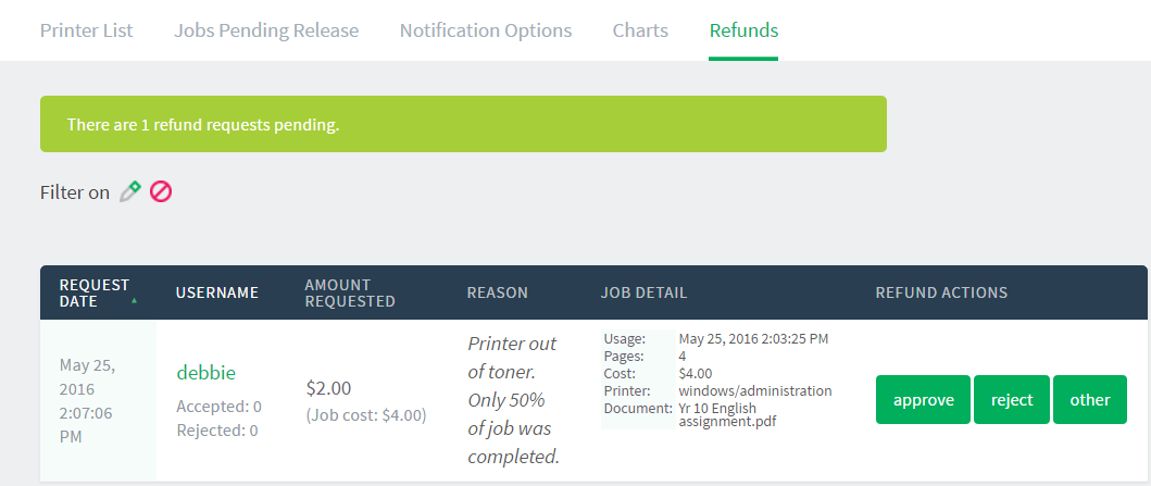 Approving a refund request from the Refunds tab in the admin interface.