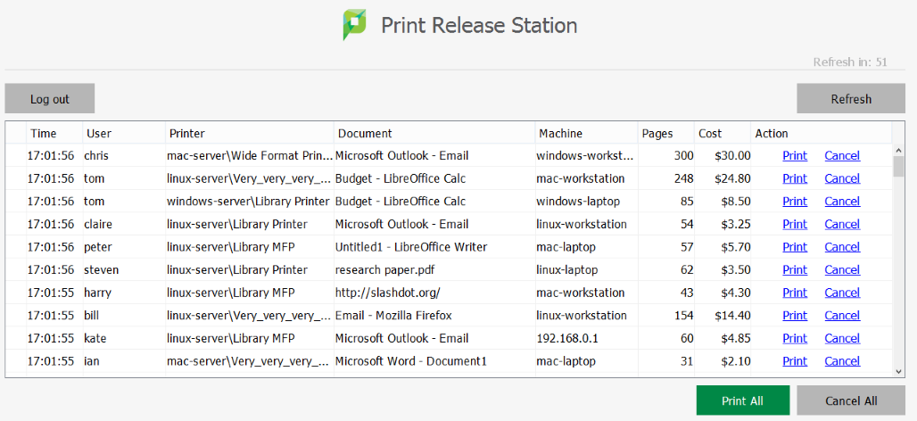The PaperCut Print Release Station interface