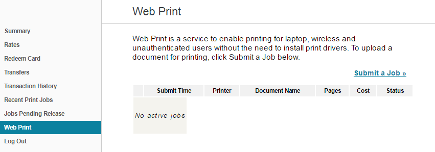 The front Web Print page before any jobs have been submitted