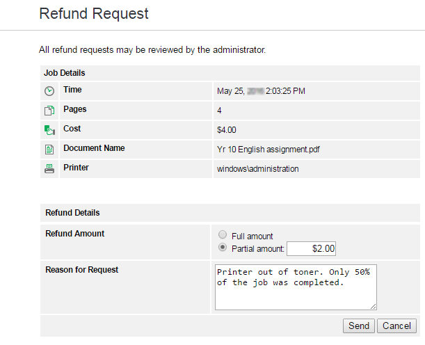 Sending refund request