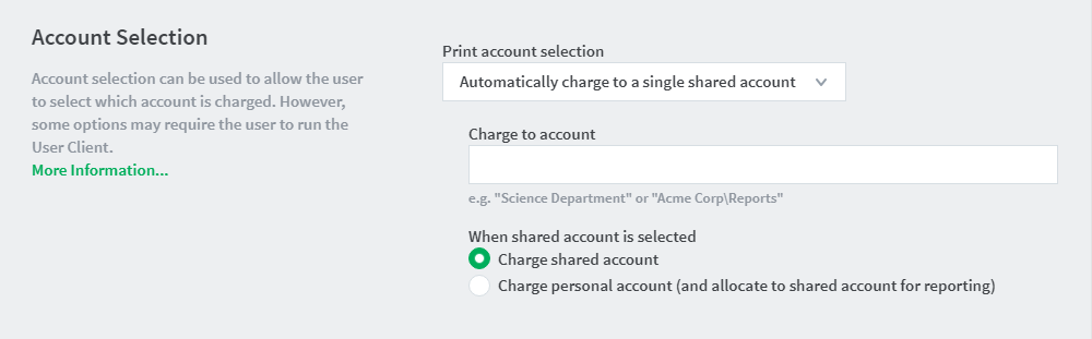 Account selection option to automatically charge to a shared account