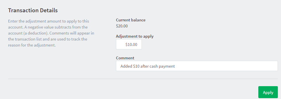Adjusting a user&rsquo;s credit up $10.00