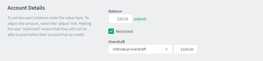Setting a user&rsquo;s overdraft to $20.00