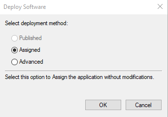 Screenshot showing the ‘Deploy software’ dialog, with the ‘Assigned’ option selected