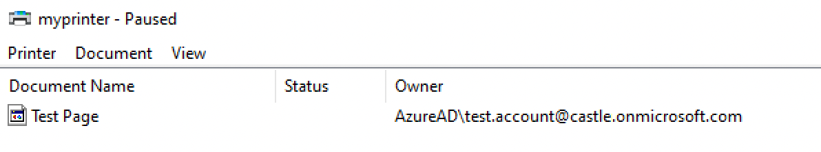 Screenshot showing the Windows print queue paused, with the owner of the ‘Test Page’ document listed as AzureAD\test.account@domain.com.