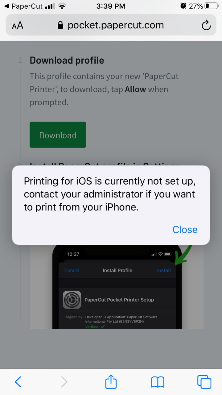 The end-user error message when iOS printing has not been configured